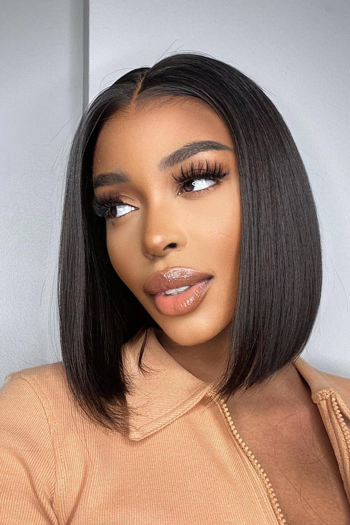 Klebstofffreie HD Spitze Front Kurze Perücke Schwarz Blunt Cut Bob Gefälschte Kopfhaut