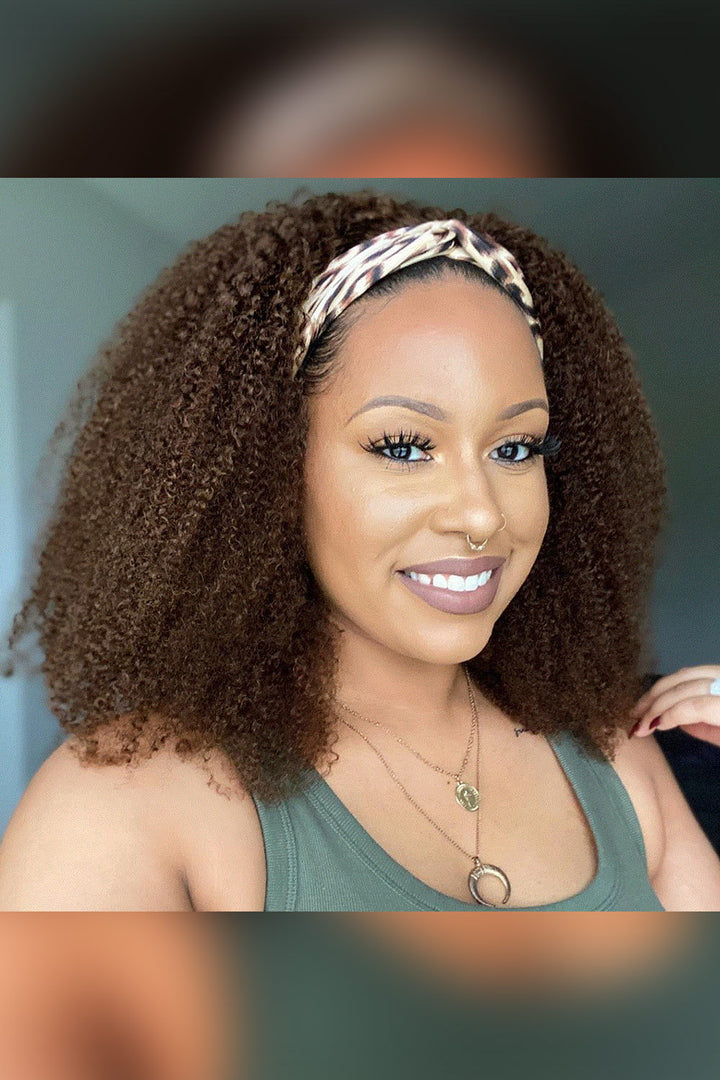 Schokoladenfarbige, lockige Stirnbandperücke aus menschlichem Haar HBW10