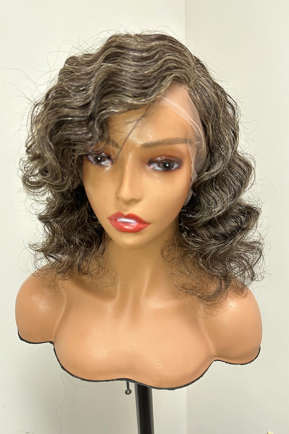 Designer Wigs-Salt & Pepper Mix Grey Color Loose Wavy Bob HD Lace Glueless Wigs
