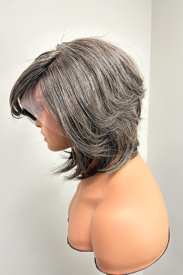 Designer Wigs-13*6 Lace Front Wig Silver Grey For Lady Pixie Bob