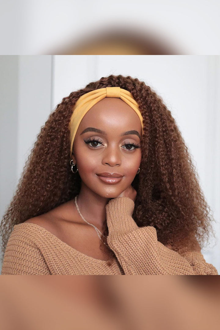 Schokoladenfarbige, lockige Stirnbandperücke aus menschlichem Haar HBW10