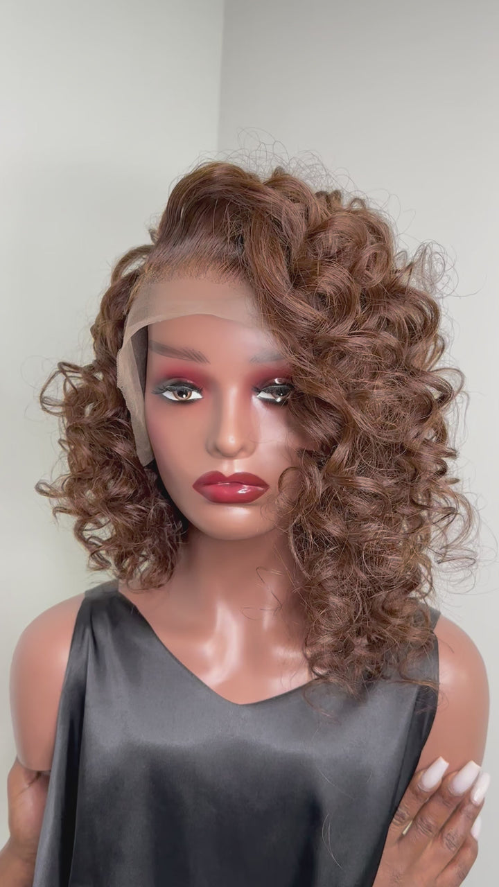 13x4 Lace Front 14 Inch Bob Wig Dark Brown Curly Side Part