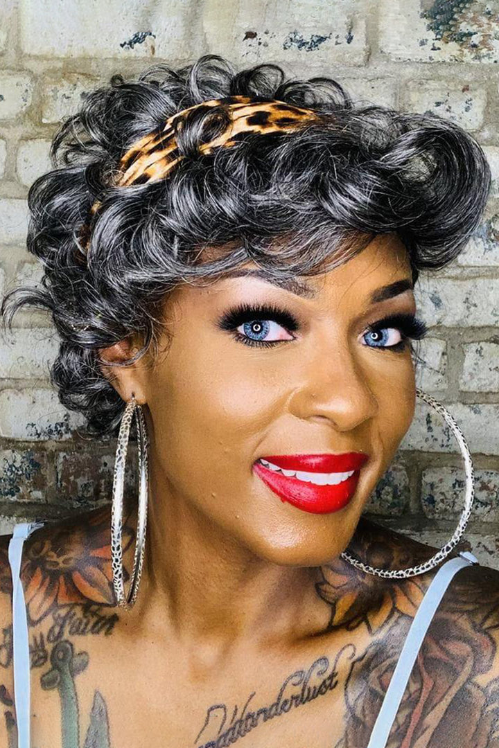 Kurze Salz & Pfeffer Locken Bob Perücke für Damen ohne Spitze aus menschlichem Haar MM03