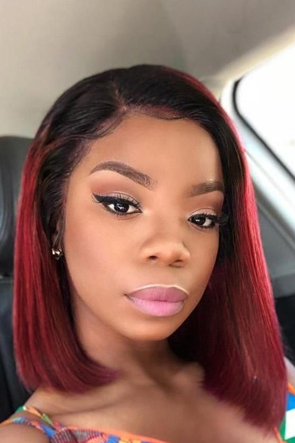 13x6 1B/Red Dark Root Lace Front Wig Straight Bob Human Hair PB54