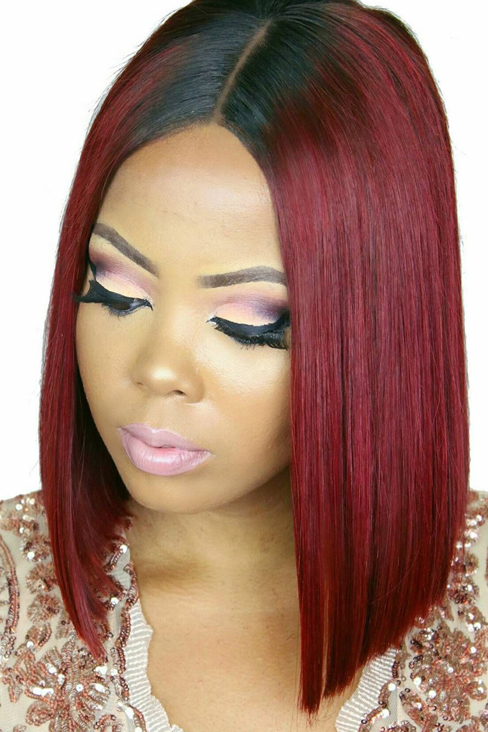 13x6 1B/Red Dark Root Lace Front Wig Straight Bob Human Hair PB54