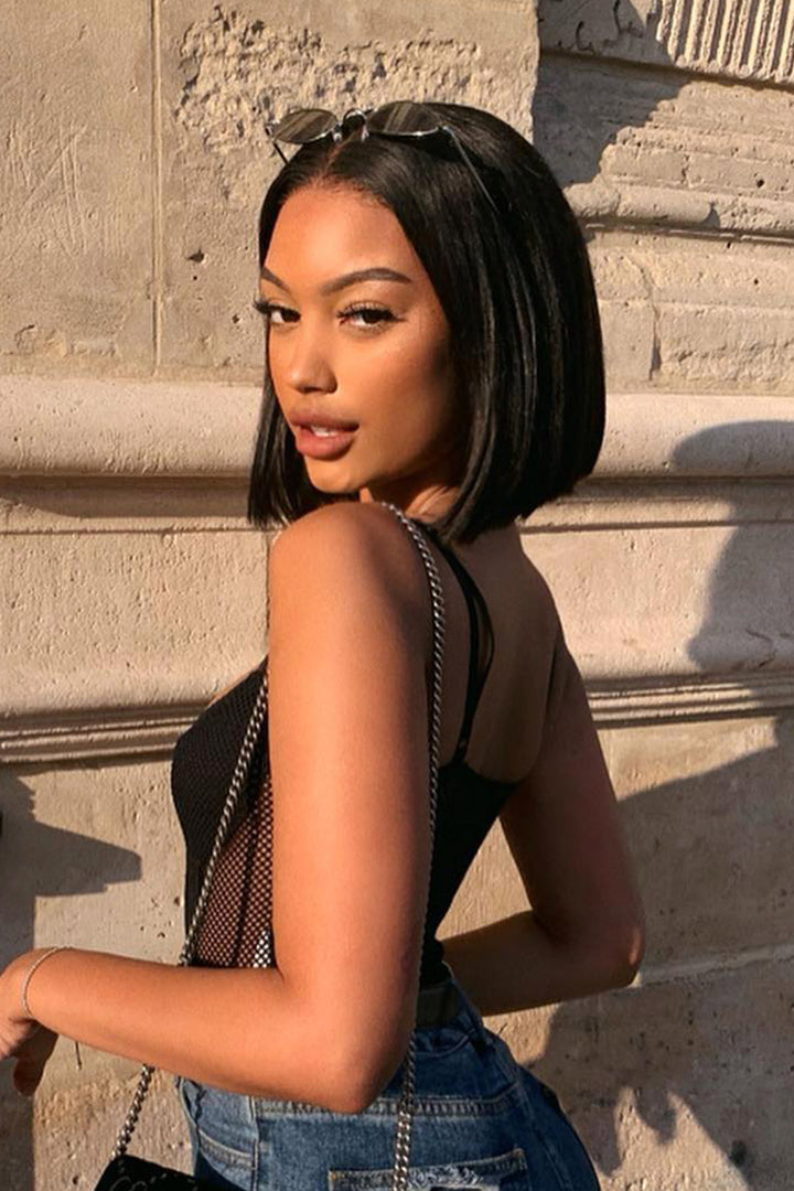 Klebstofffreie HD Spitze Front Kurze Perücke Schwarz Blunt Cut Bob Gefälschte Kopfhaut