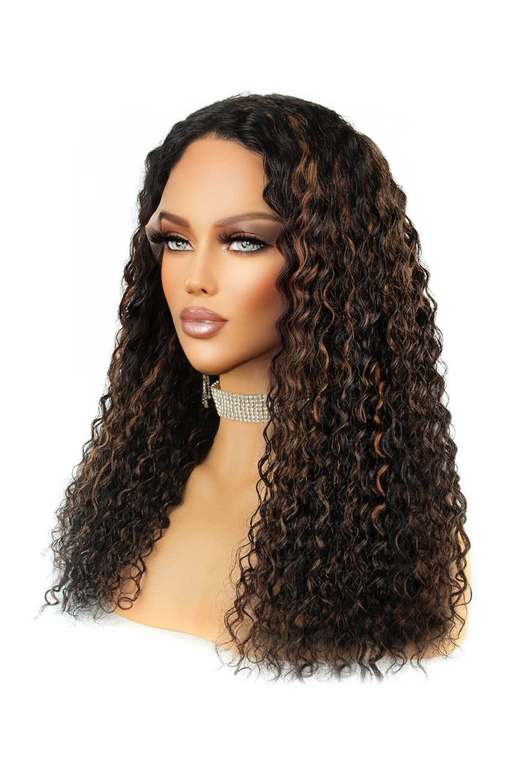 T Part Lace Wig Highlight Brown Curly-TP14