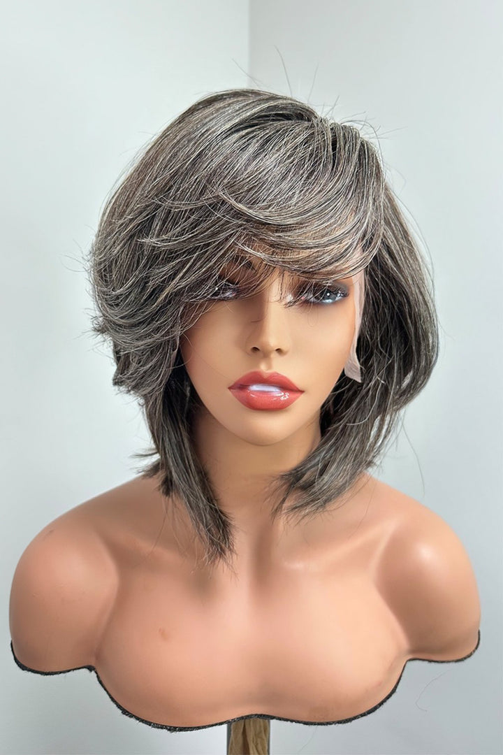 Designer Wigs-13*6 Lace Front Wig Silver Grey For Lady Pixie Bob