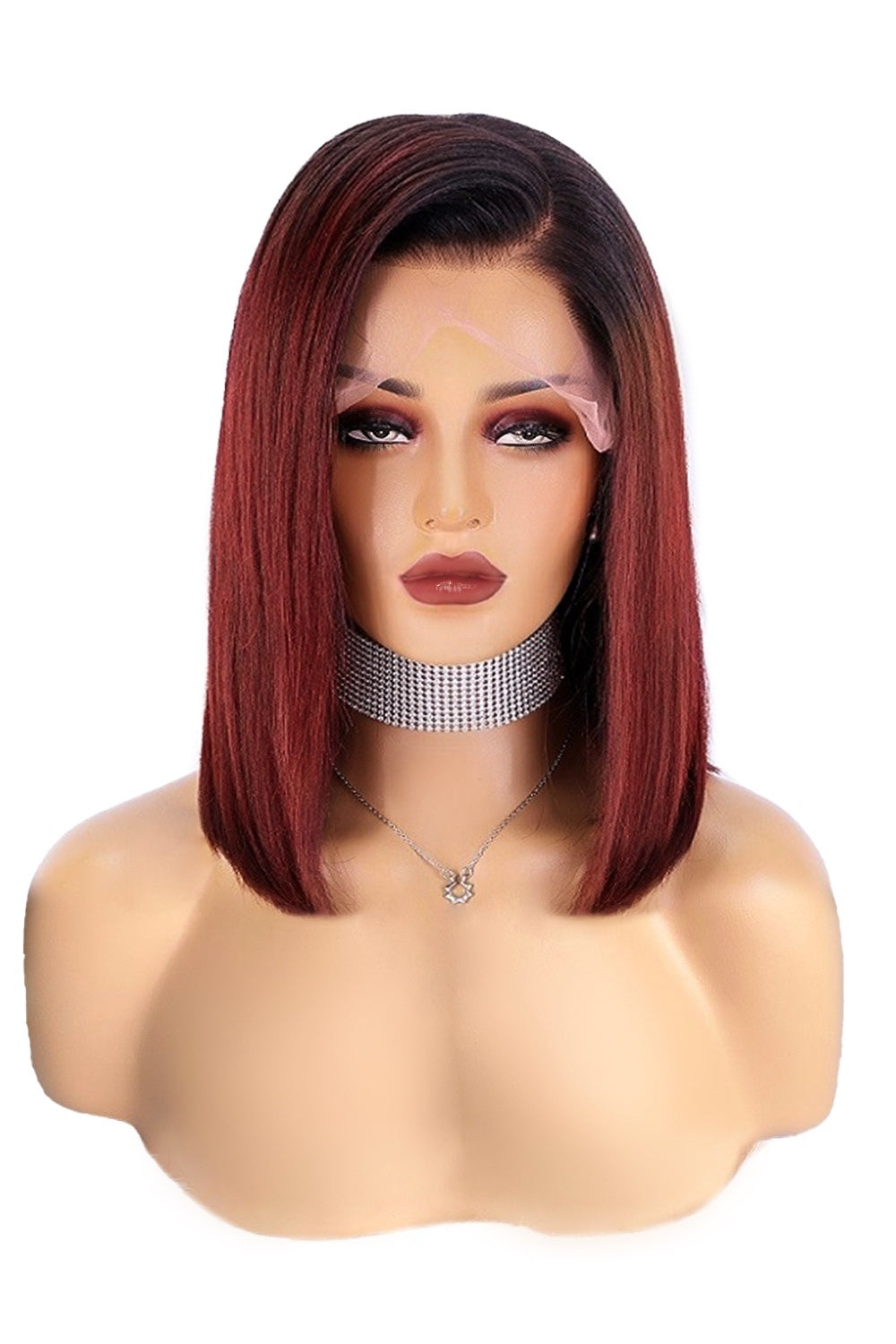 13x6 1B/Red Dark Root Lace Front Wig Straight Bob Human Hair PB54