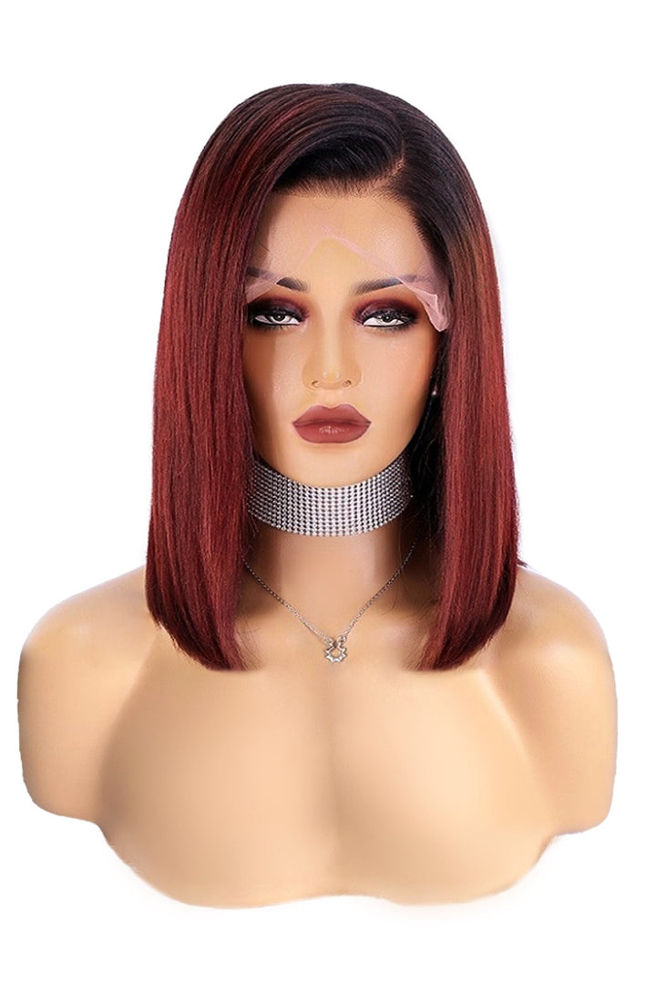 13x6 1B/Red Dark Root Lace Front Wig Straight Bob Human Hair PB54