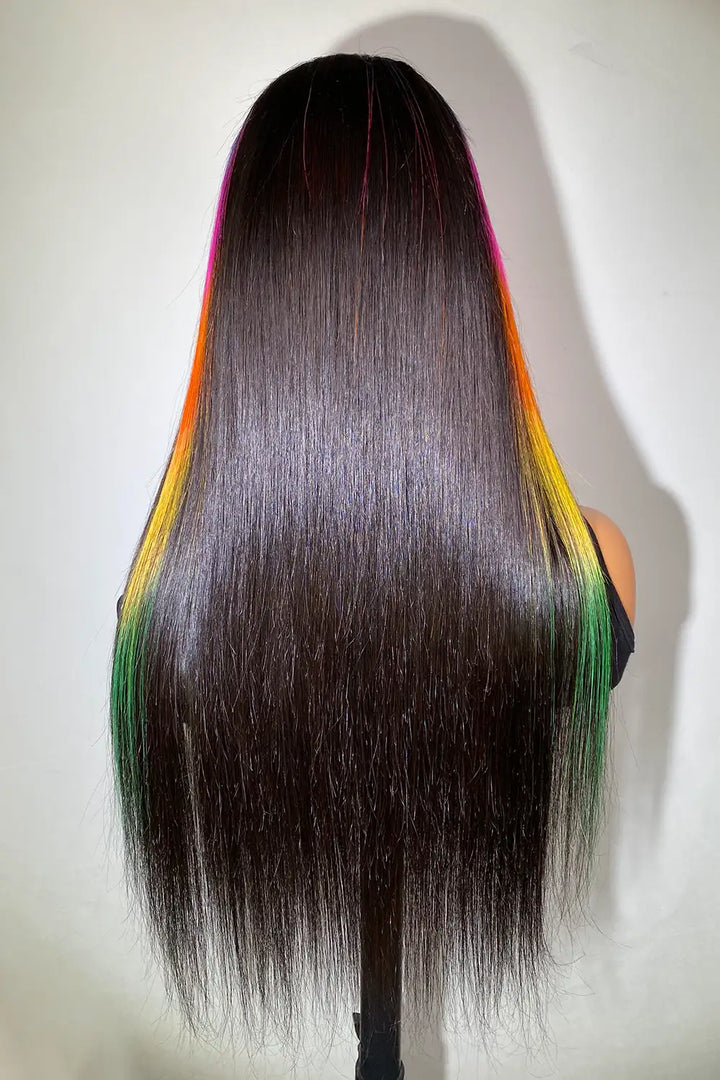Bright Rainbow Colored Wig Glueless HD Lace Front Straight Highlights