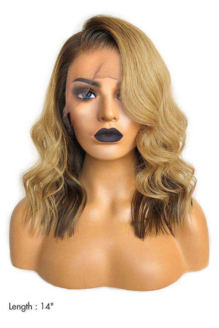 Perruque ondulée 14 pouces Bob Split Ombre Blonde avec racines foncées 13x4