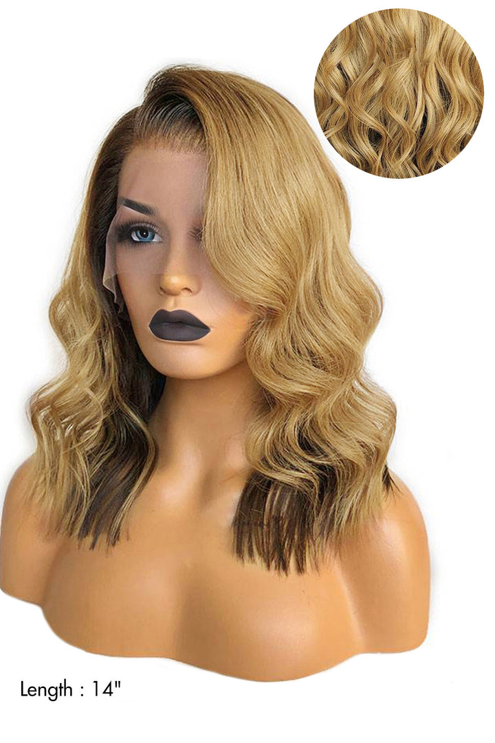 Perruque ondulée 14 pouces Bob Split Ombre Blonde avec racines foncées 13x4