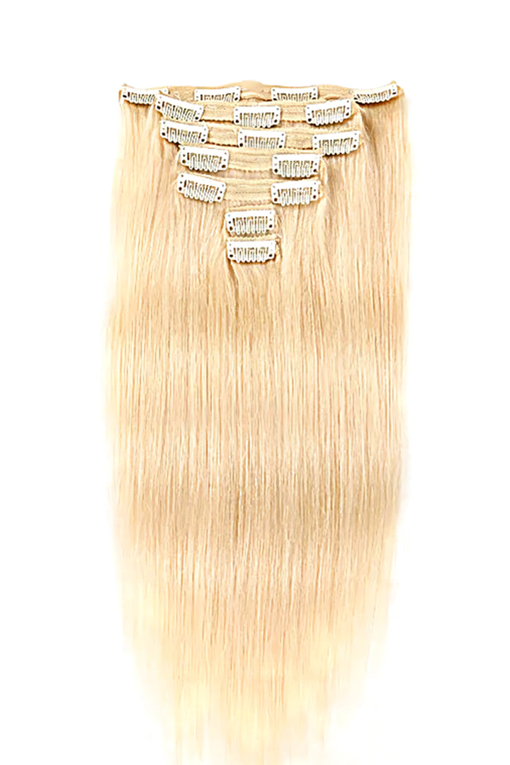 Blonde Clip-in-Haarerweiterungen aus menschlichem Haar, 7 Stück Spitzenrand Doppelkettchen.