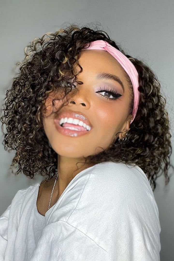 Lace Headband Wig Deep Wave Highlight Brown 12 Inch Bob Human Hair