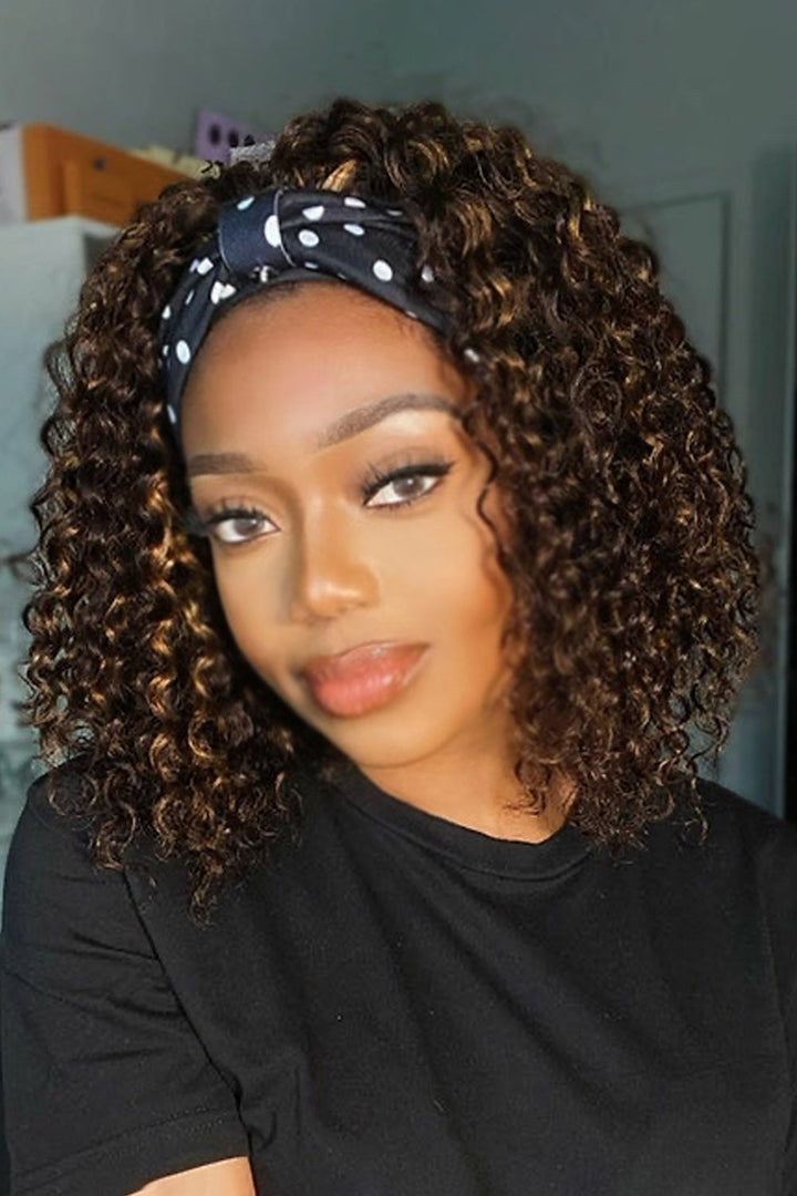 Lace Headband Wig Deep Wave Highlight Brown 12 Inch Bob Human Hair