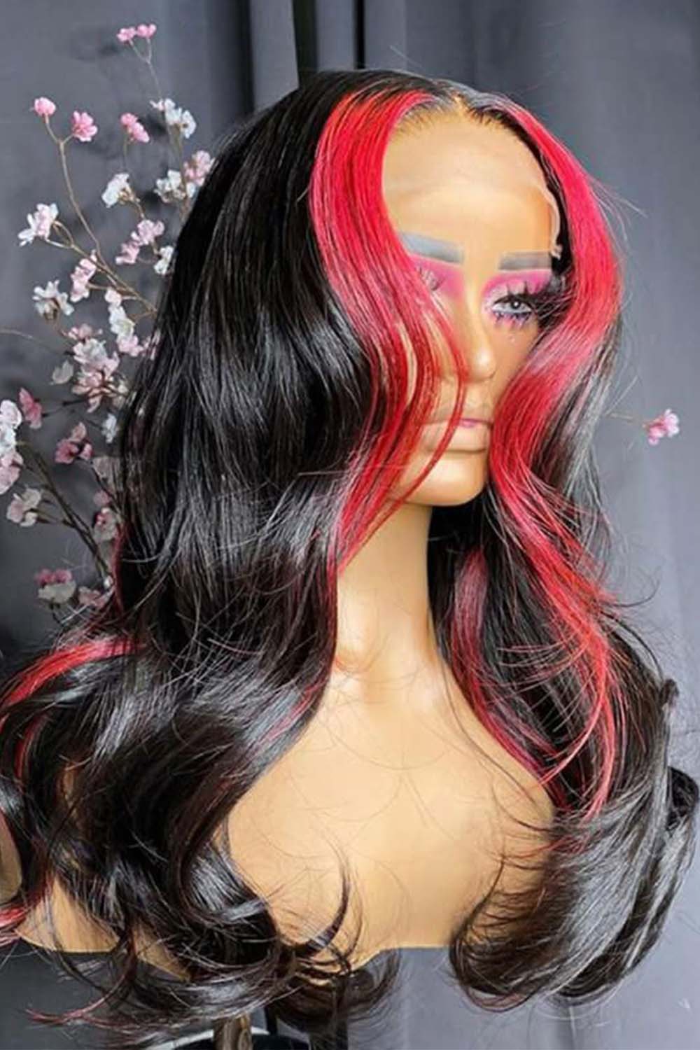 Peluca de rayas de mofeta roja, parte media, cabello humano, onda del cuerpo