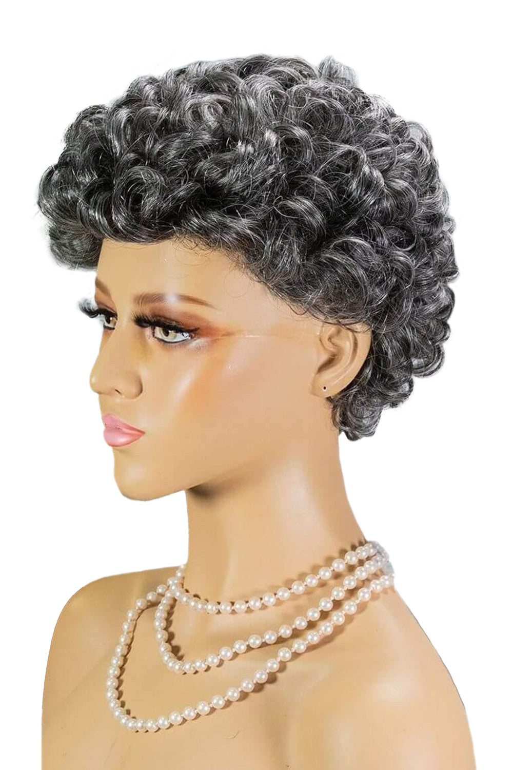Kurze Salz & Pfeffer Locken Bob Perücke für Damen ohne Spitze aus menschlichem Haar MM03