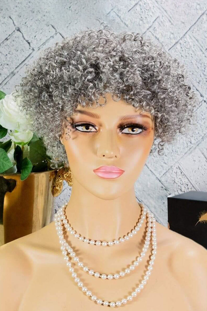 Perruque Bob bouclée gris argenté courte pour dame cheveux humains sans dentelle MM02