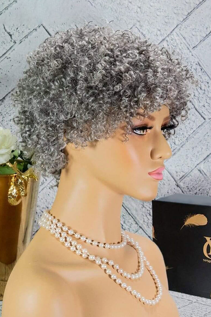 Perruque Bob bouclée gris argenté courte pour dame cheveux humains sans dentelle MM02
