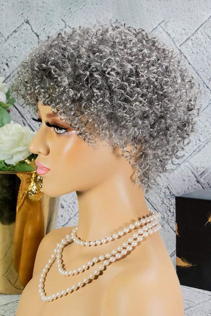Perruque Bob bouclée gris argenté courte pour dame cheveux humains sans dentelle MM02
