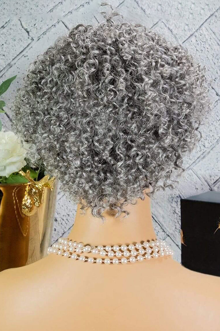 Perruque Bob bouclée gris argenté courte pour dame cheveux humains sans dentelle MM02