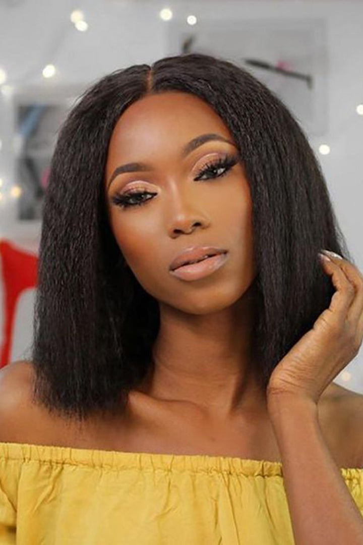 Blunt Cut Yaki Straight Short Bob 13x4 Full Frontal Lace Wig Glueless