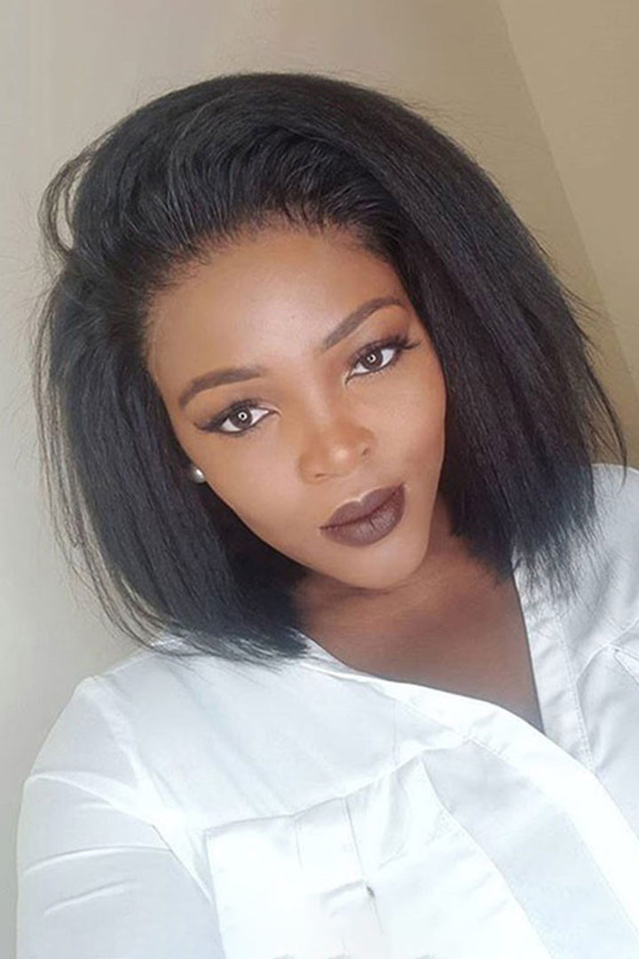 Blunt Cut Yaki Straight Short Bob 13x4 Full Frontal Lace Wig Glueless