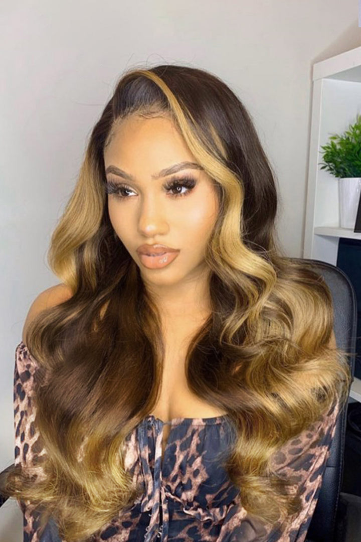 Perruque ondulée brune et blonde ombrée HD 13x6 HD27