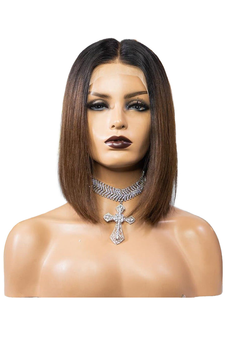 13x6 Short Lace Front Wigs Shoulder Length Dark Root Brown Bob