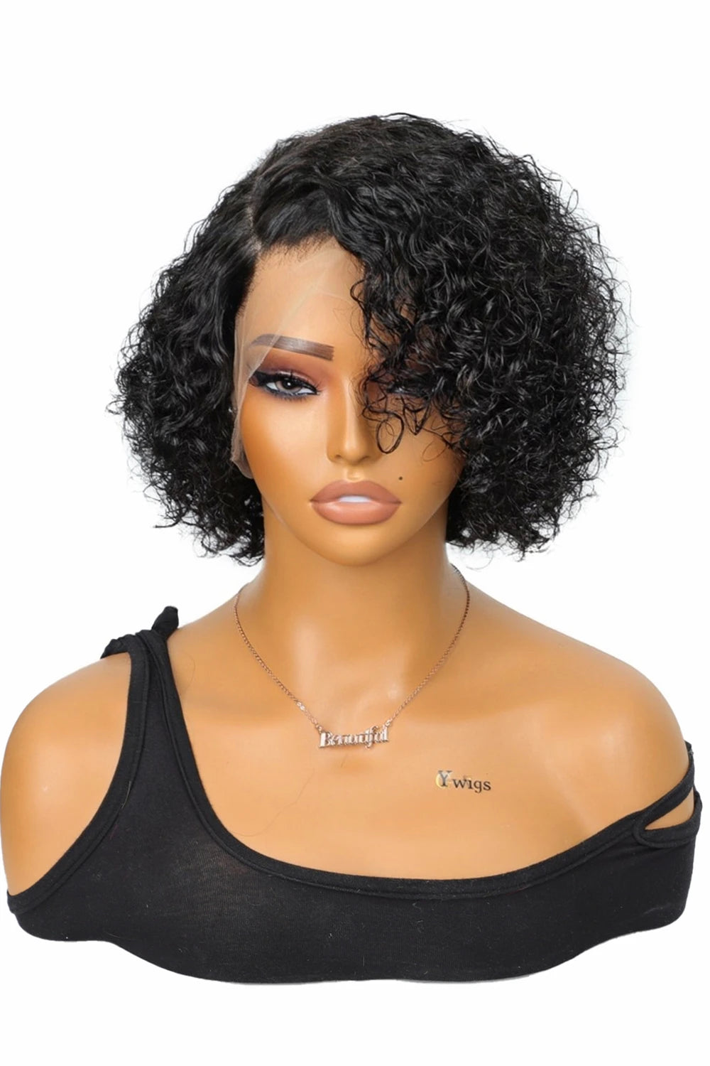 10 Inch Stacked Curly Bob Side Part Asymmetrical Full Lace Wig