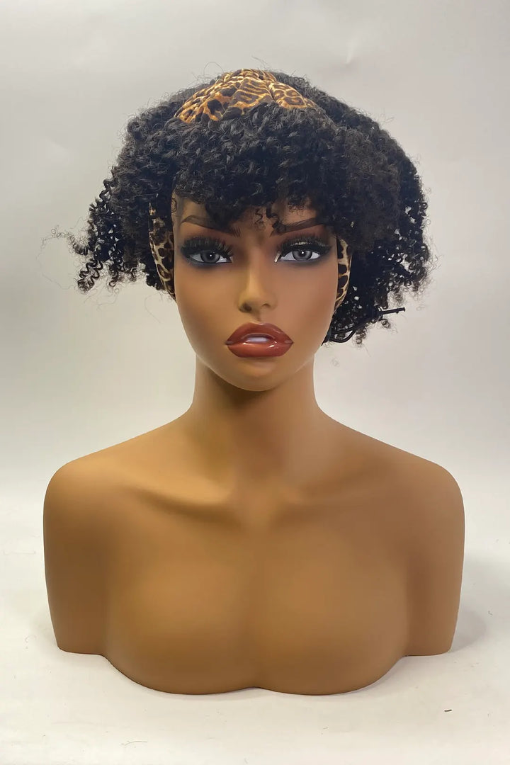 Kinky Curly Headband Wig 10 Inch With Bangs Natural Color
