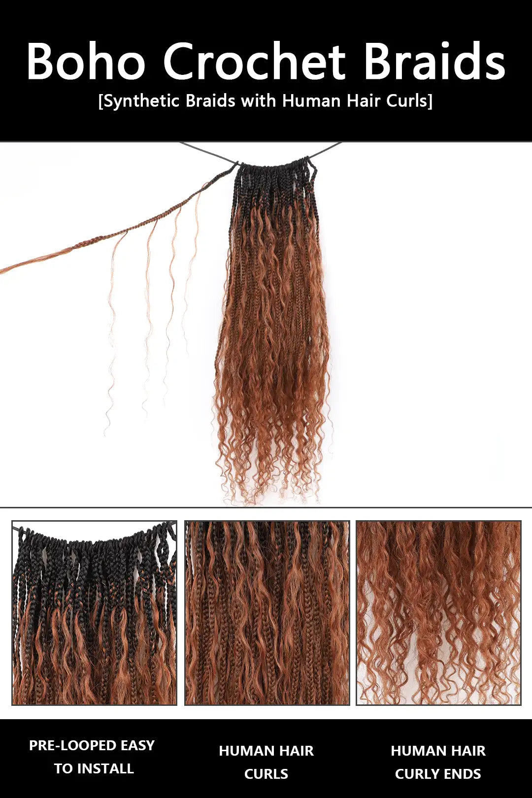 #1B/30 Two-tone Color Boho Crochet Braids with Human Hair Curls +6