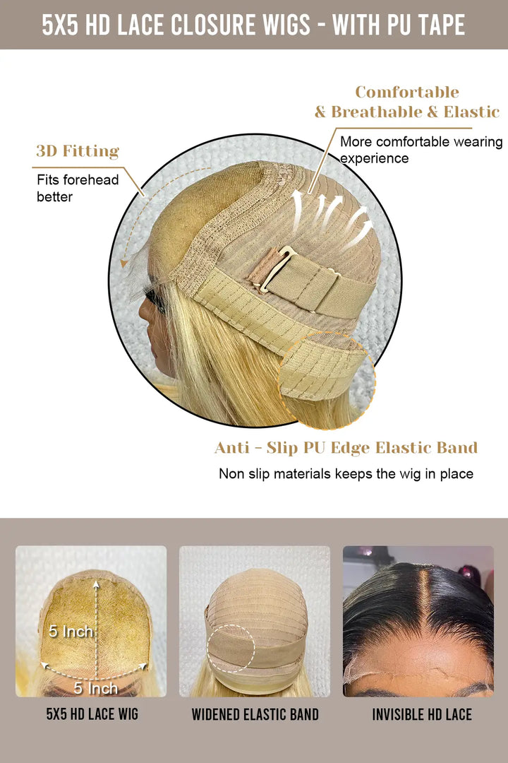 5x5 Lace Closure Wave Wig Highlight Blonde Glueless Human Hair