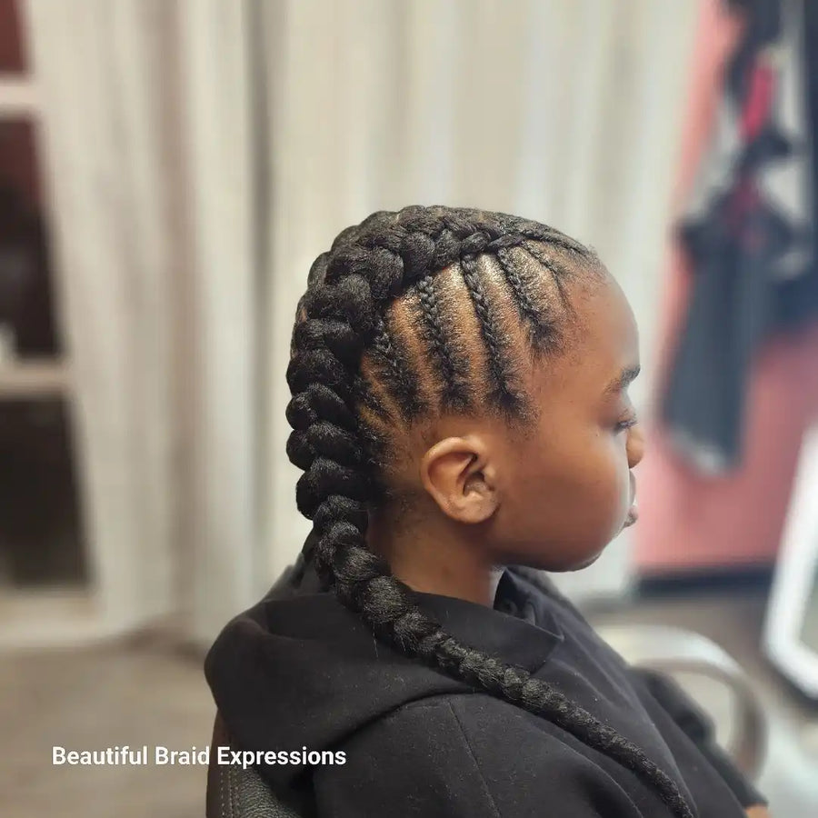 Child with braided hair in a salon setting, with 'Beautiful Braid Expressions' branding.