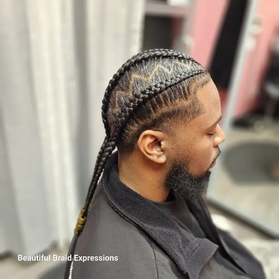 Man with braided hair in a salon setting, with 'Beautiful Braid Expressions' branding.