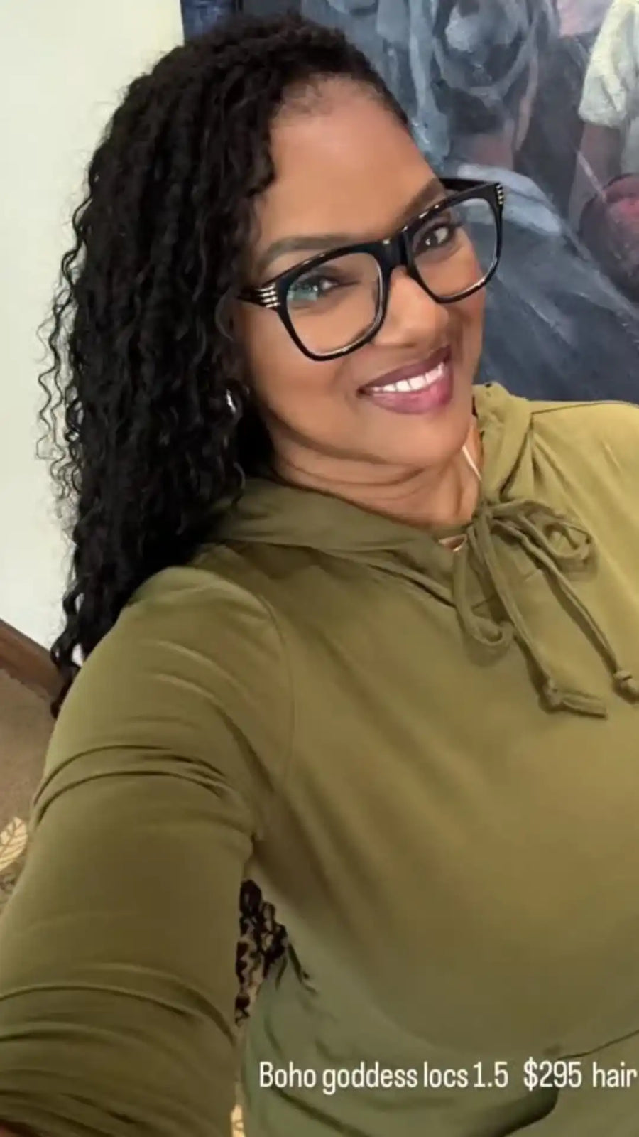 Woman wearing glasses and a green hoodie with text overlay