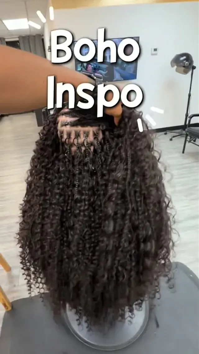 Curly hair extensions on a mannequin head with 'Boho Inspo' text in a salon setting.