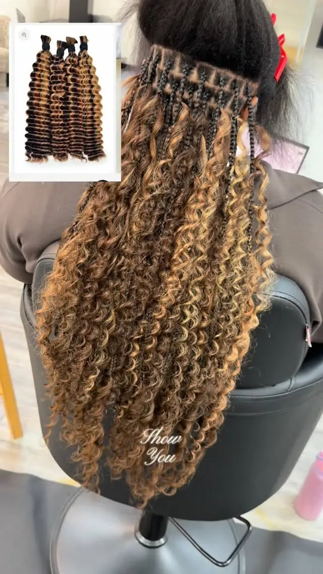 Person with styled hair extensions and a close-up inset showing the hair extensions.