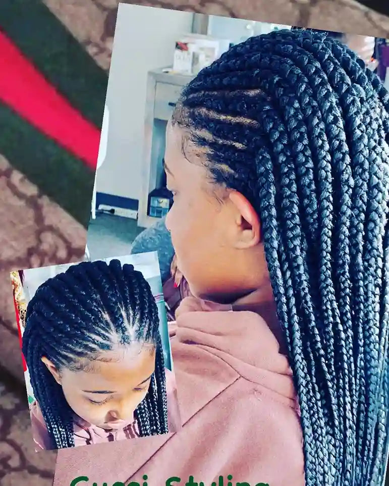 Person with braided hair, with a close-up inset showing the hairstyle.