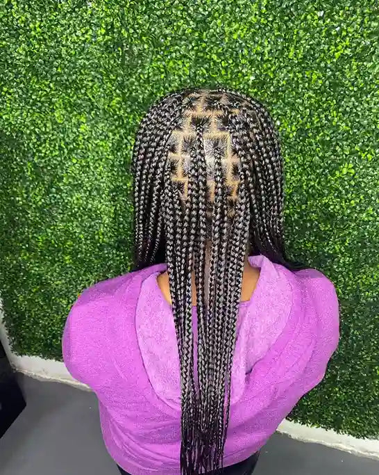 Person with braided hair wearing a purple top against a green textured wall.