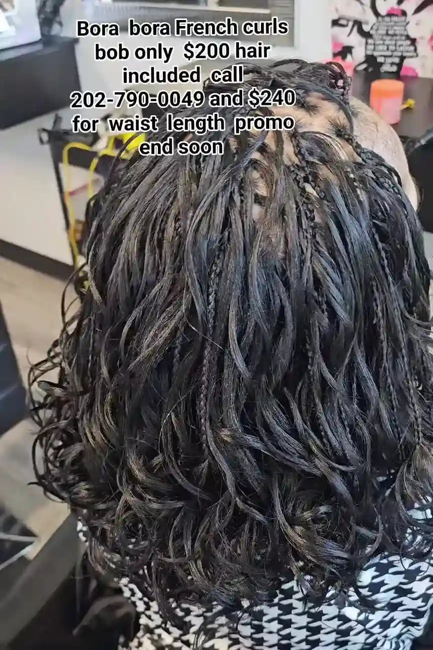 Person with styled hair, promotional text overlay for hair services.