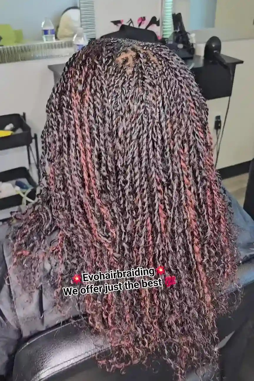 Person with braided hair in a salon setting, with text overlay 'Evo hair braiding We offer just the best'.