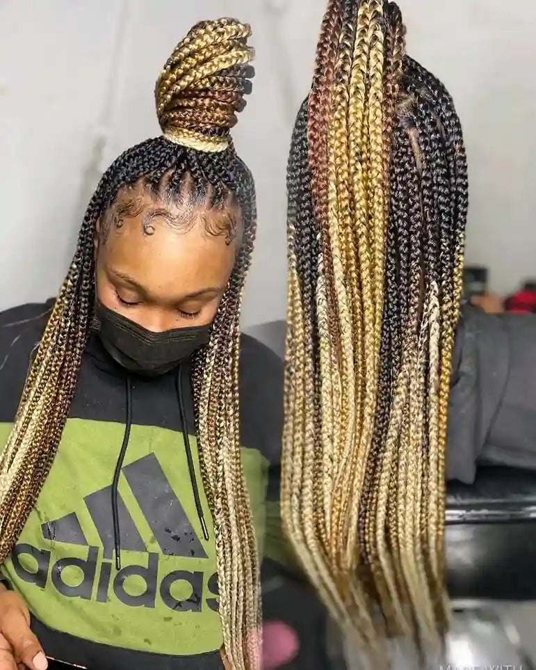 Person with braided hair styled in two different ways, wearing an Adidas shirt.