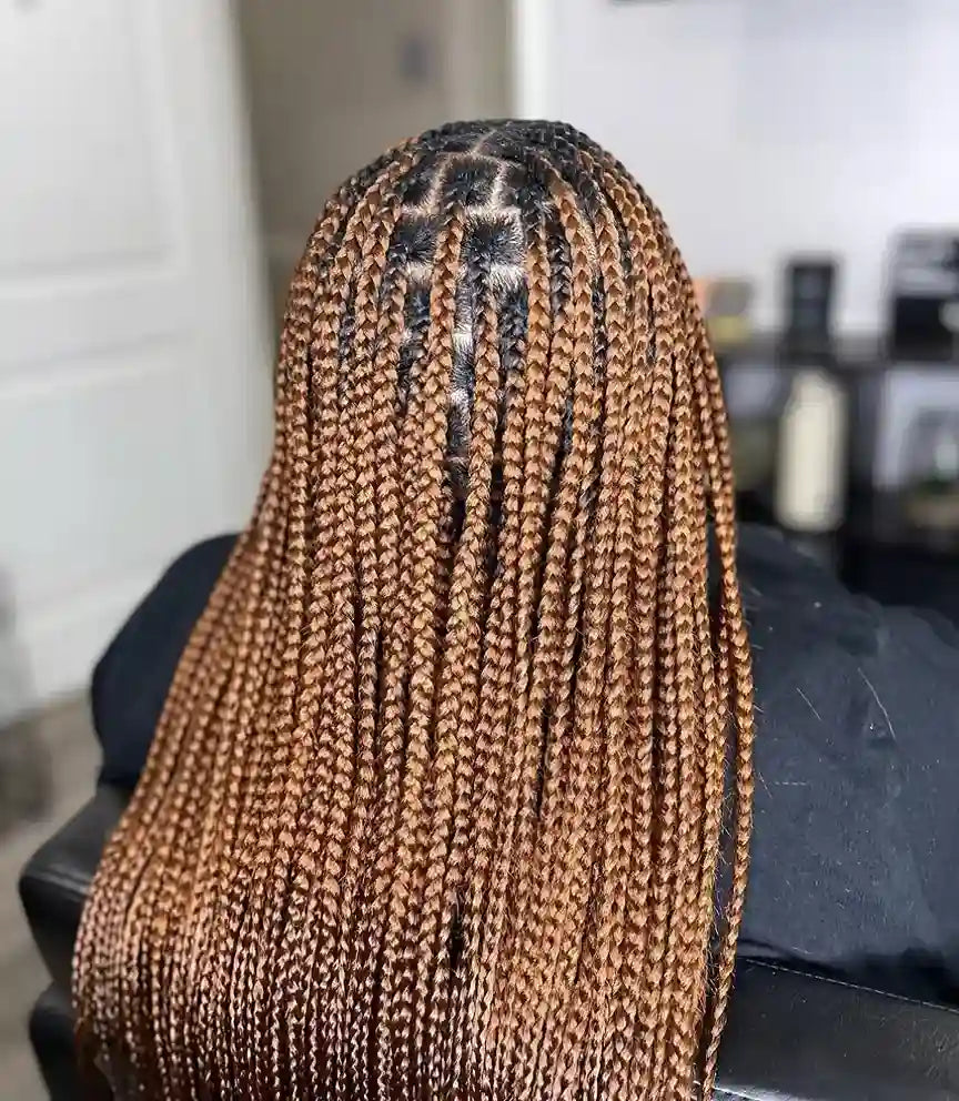Person with braided hair sitting in a chair, blurred background