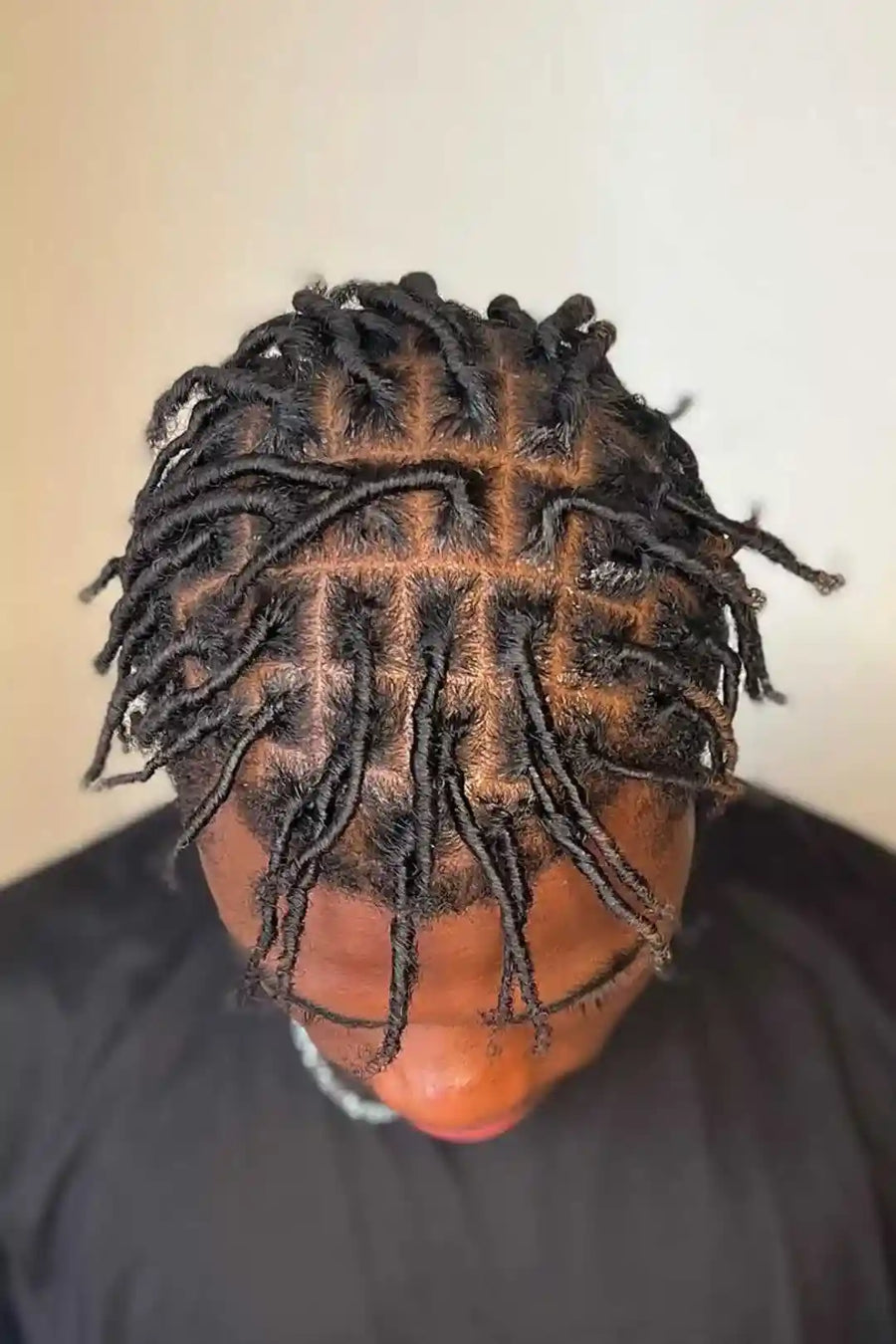 Person with styled dreadlocks against a neutral background