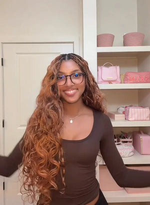Ins influencer avawiththeflava shows the braiding process of auburn brown 30 body wave feather crochet hair