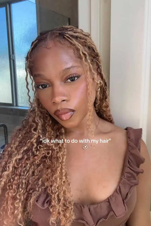 Ins influencer cassiejane___ shows the braiding process of 27/30 mixed color burmese curly with spiral curls crochet miracle knots hair
