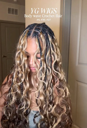 Ins influencer lani.24k shows the braiding process of auburn brown 30 body wave feather crochet hair
