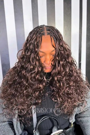 Ins influencer tishstouch shows the braiding process of dark brown body wave feather crochet hair extension for miracle knots